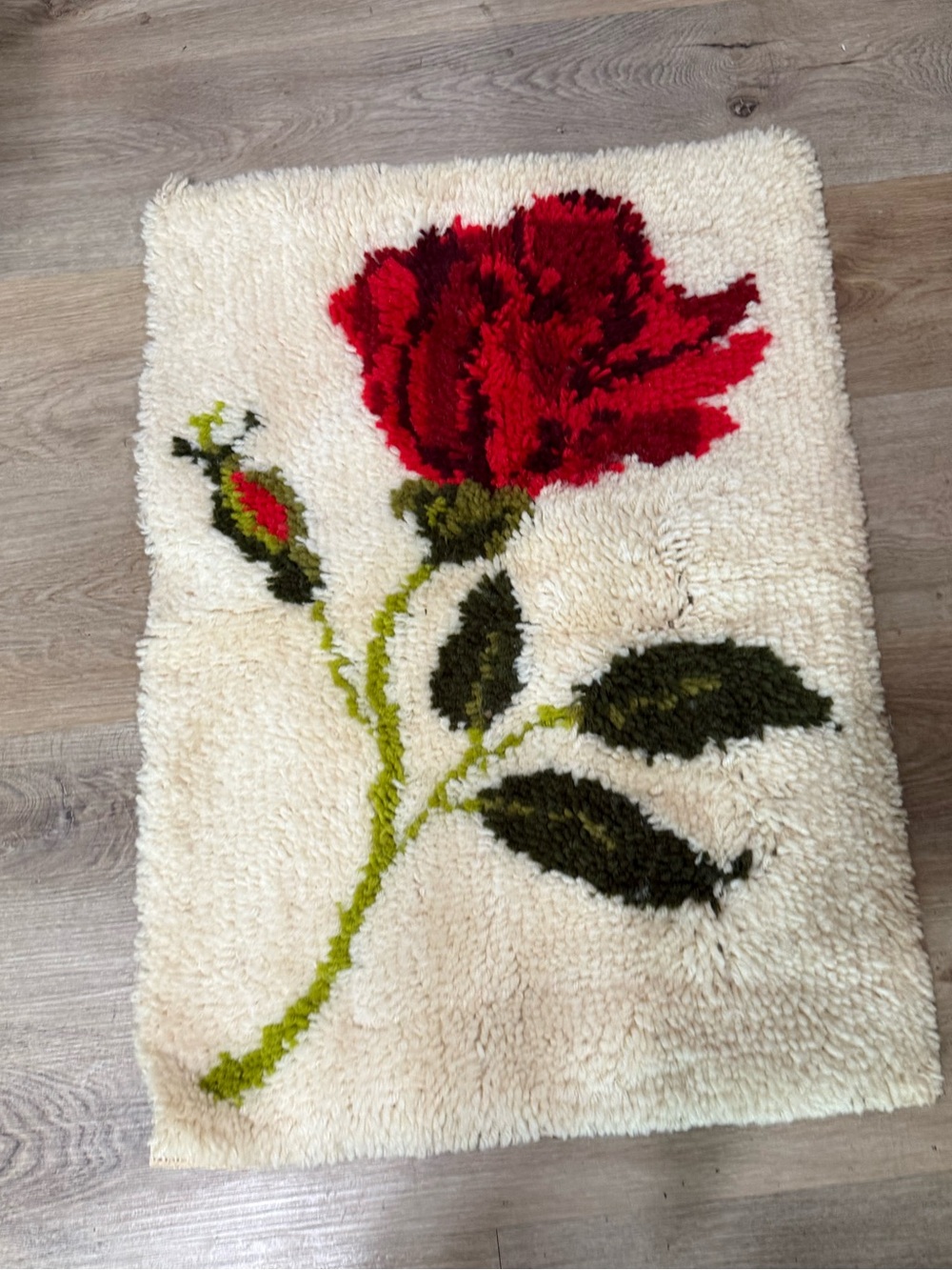Vintage Completed Latch Hook Rose Rug Wall Hanging 1970s Retro Red Flower Shag